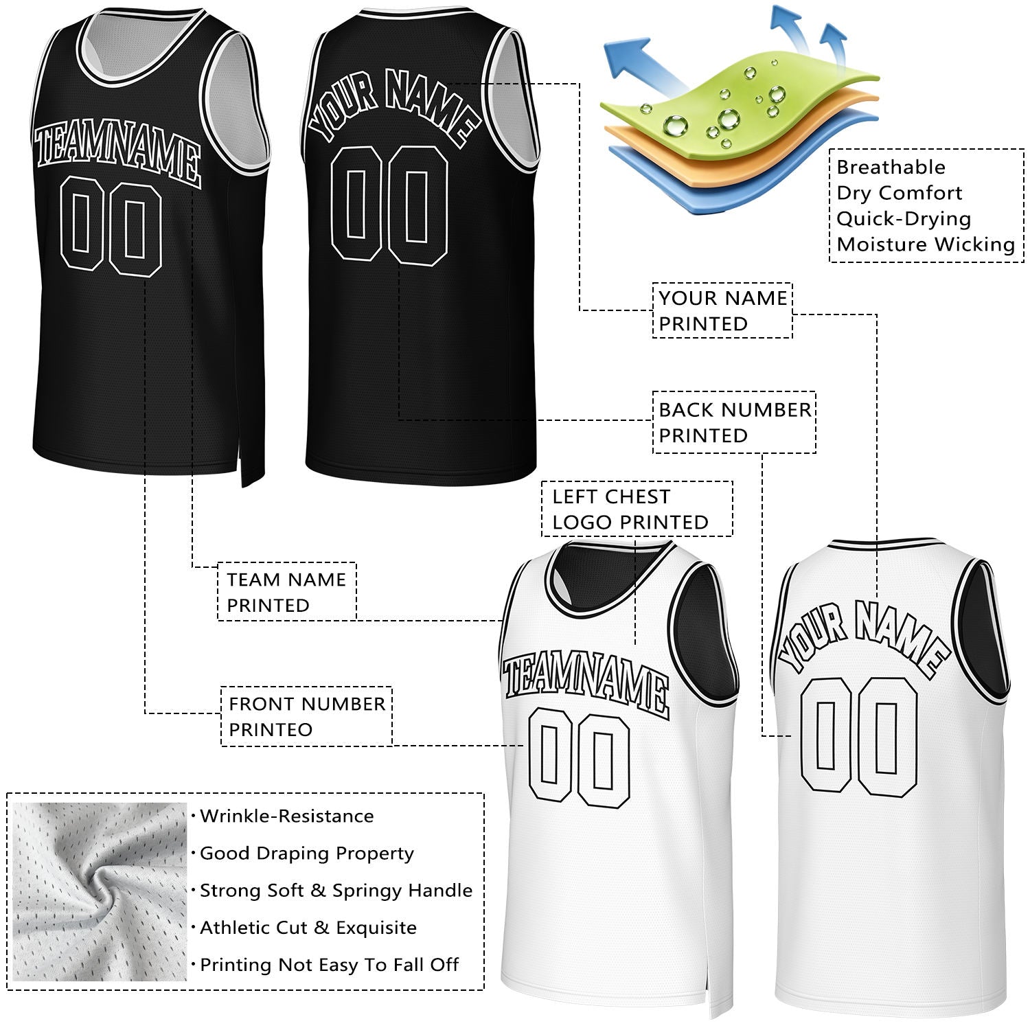 Custom Black & White Reversible Basketball Jersey | Personalized Team Uniform Top