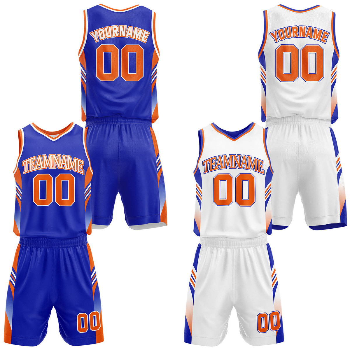 Custom blue and orange reversible basketball uniform by Vosoli. Personalized with team name, number, and logo. Breathable mesh jersey and shorts for high school, college, AAU teams.