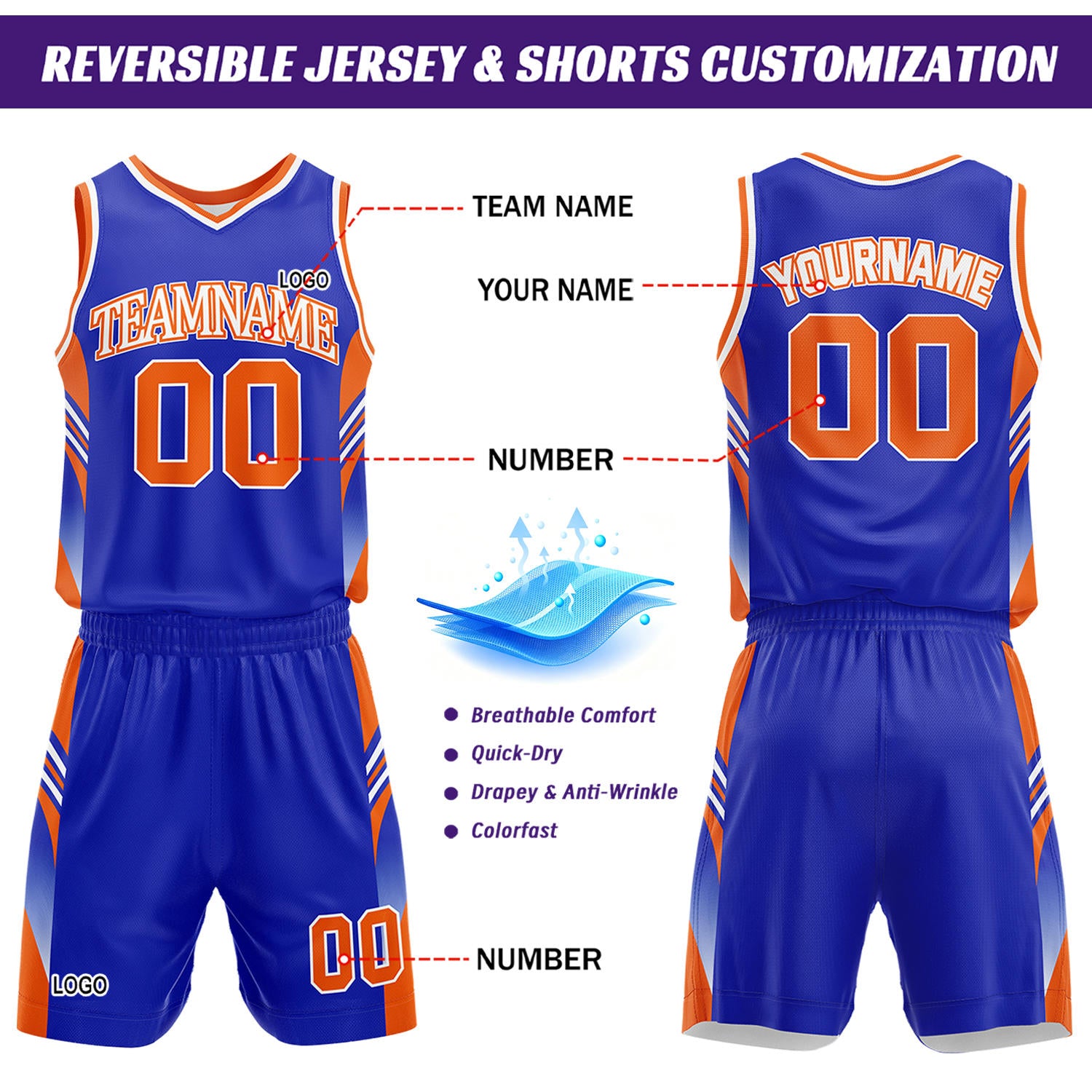 Custom Blue & Orange Reversible Basketball Uniform Set | Personalized Team Jersey Kit
