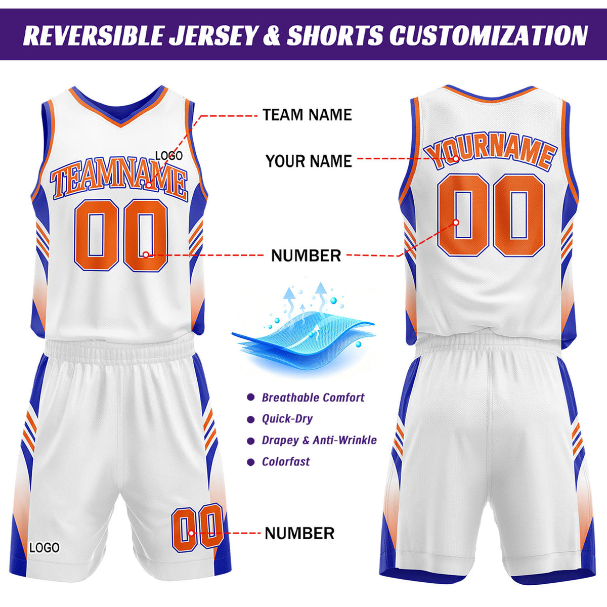 Custom Blue & Orange Reversible Basketball Uniform Set | Personalized Team Jersey Kit