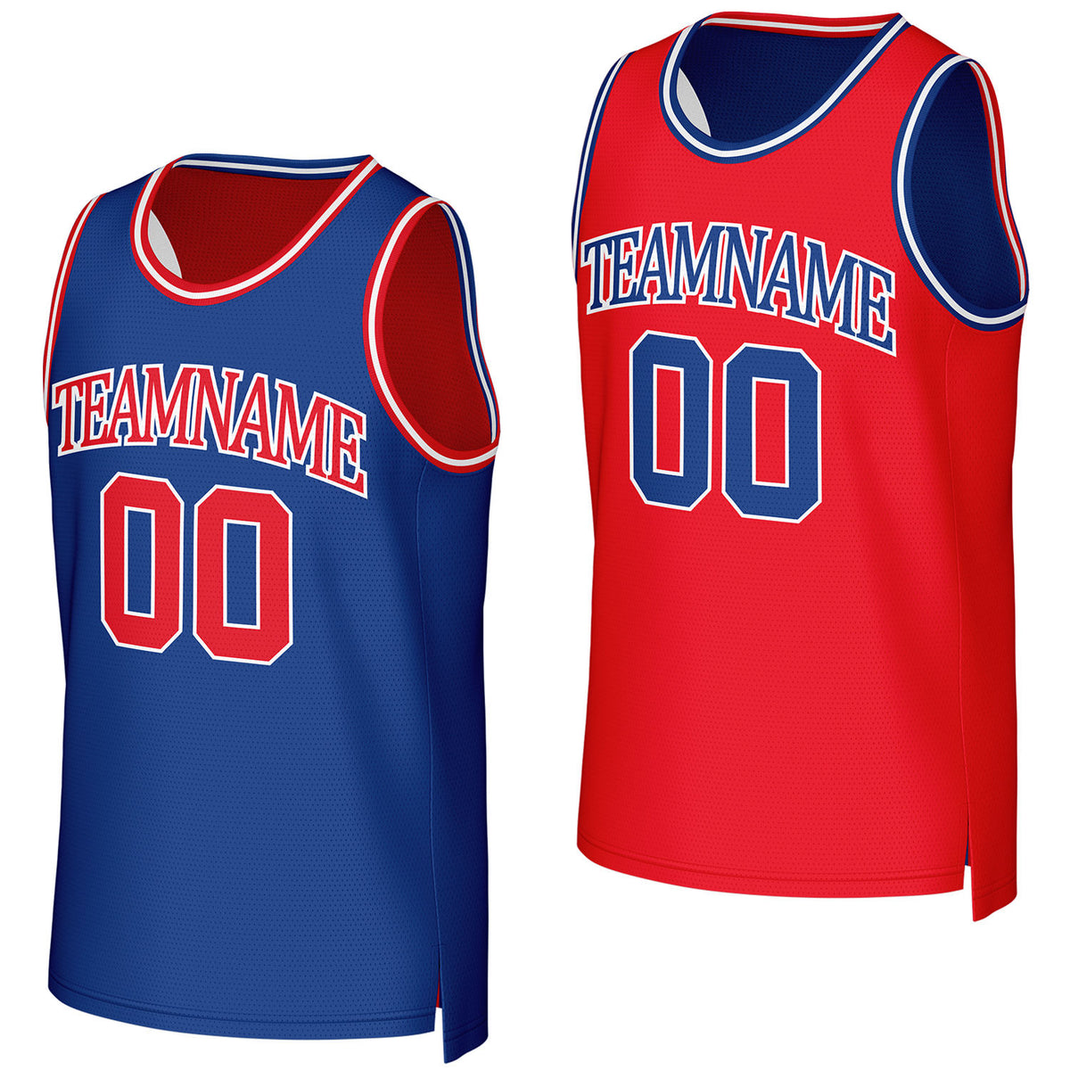 Custom blue &amp; red reversible basketball jersey by Vosoli. Personalized with team name, number, and logo. Breathable mesh jersey for high school, college, AAU teams.