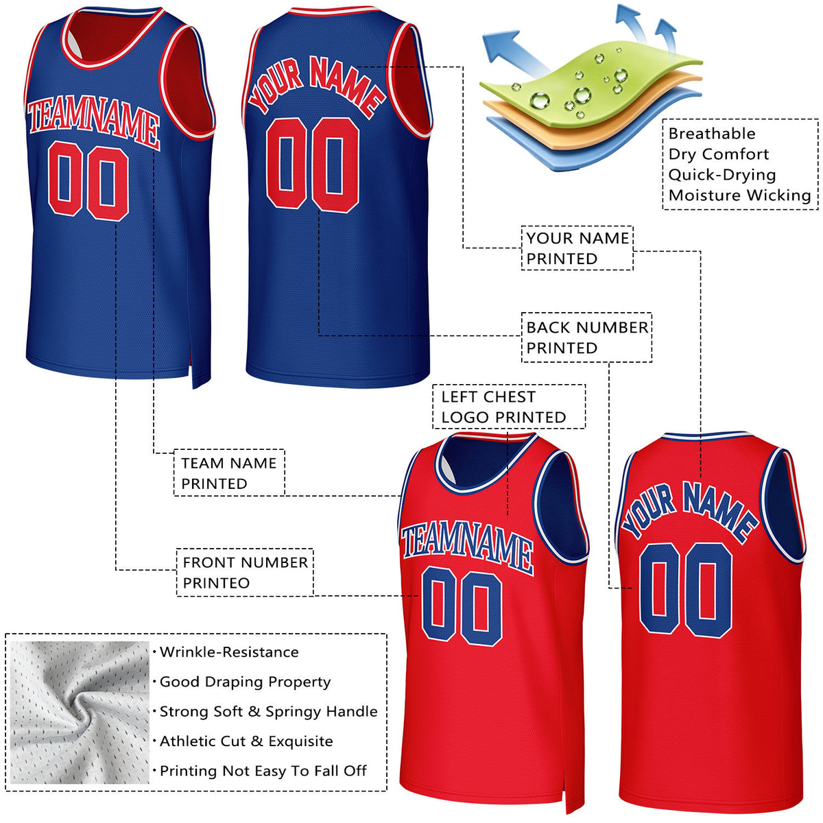 Custom Blue & Red Reversible Basketball Jersey | Personalized Team Uniform Top