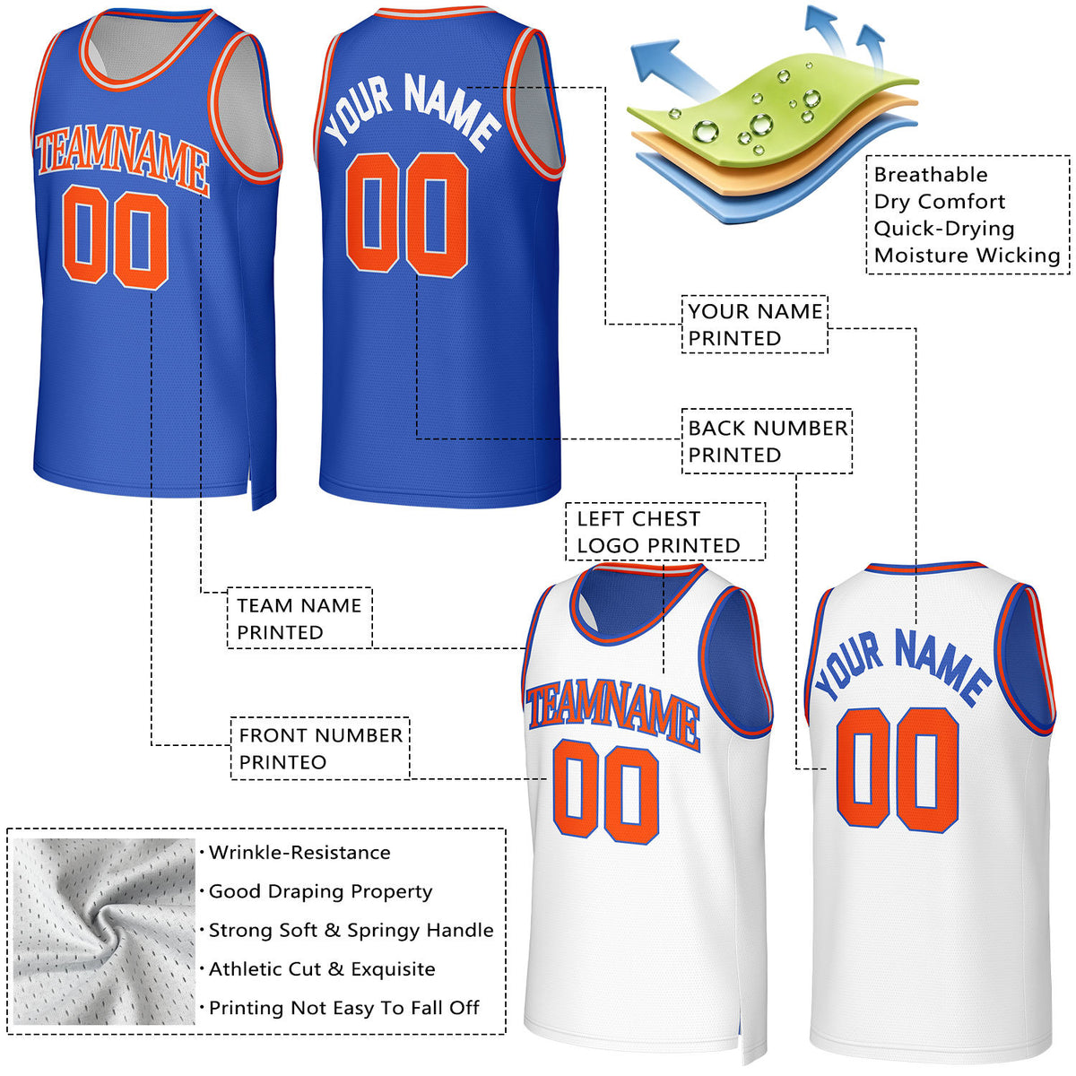 Custom Blue & White Reversible Basketball Jersey | Personalized Team Uniform Top