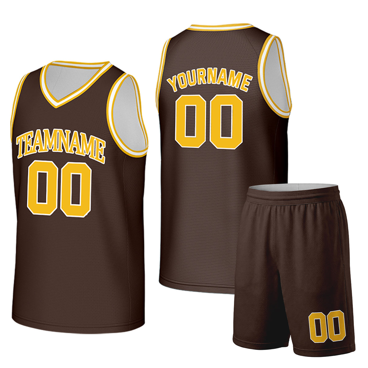Custom brown and gold basketball uniform set by Vosoli. Personalized team name, player name, number and logo. Breathable mesh jersey and shorts for high school, college and AAU teams.