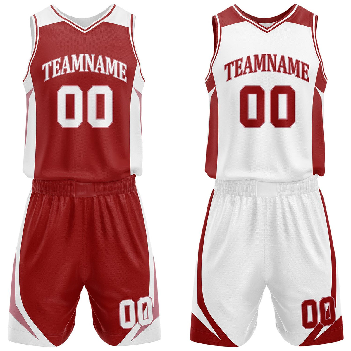 Custom burgundy and white reversible basketball uniform by Vosoli. Personalized with team name, number, and logo. Breathable mesh jersey and shorts for high school, college, and AAU teams.