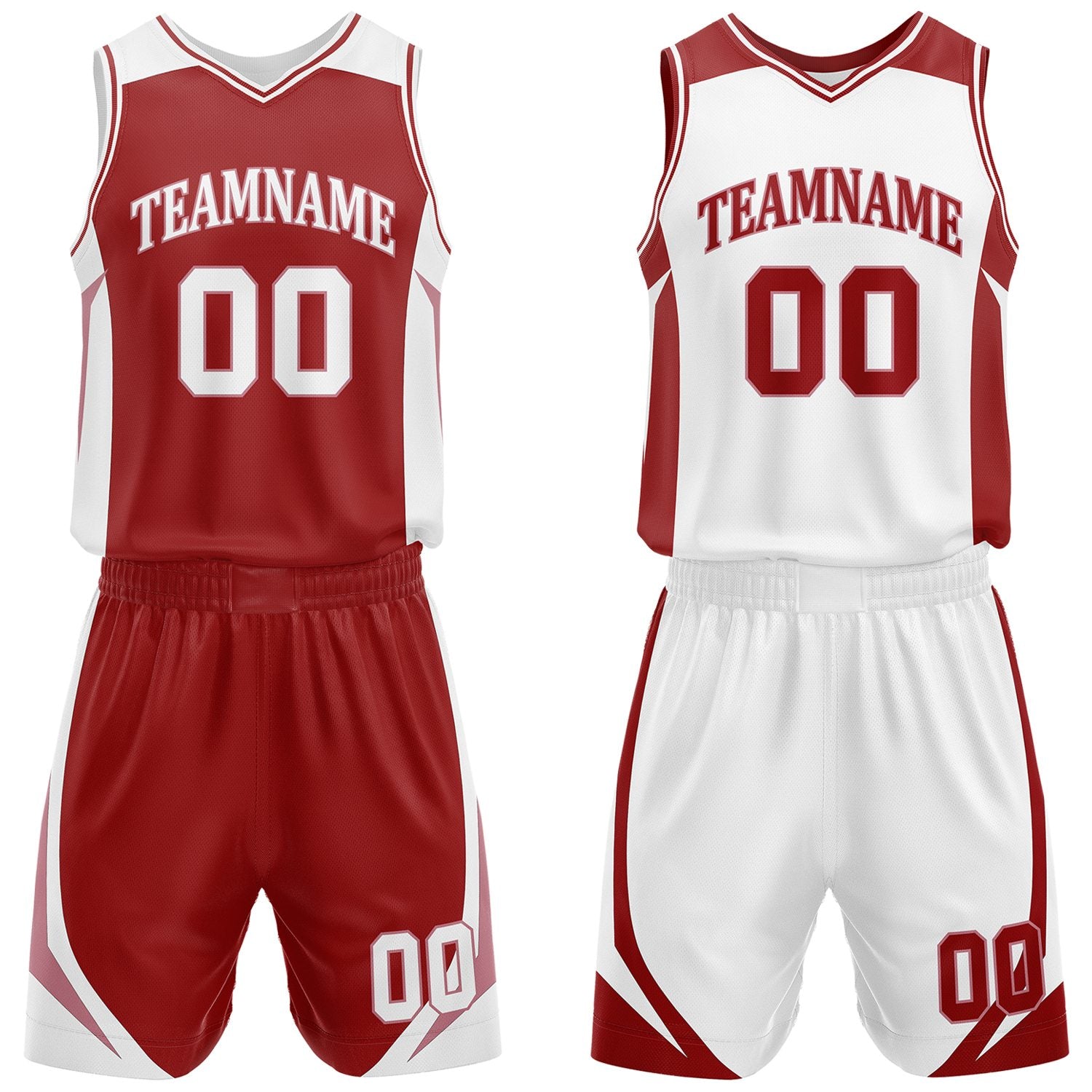 Custom burgundy and white reversible basketball uniform by Vosoli. Personalized with team name, number, and logo. Breathable mesh jersey and shorts for high school, college, and AAU teams.