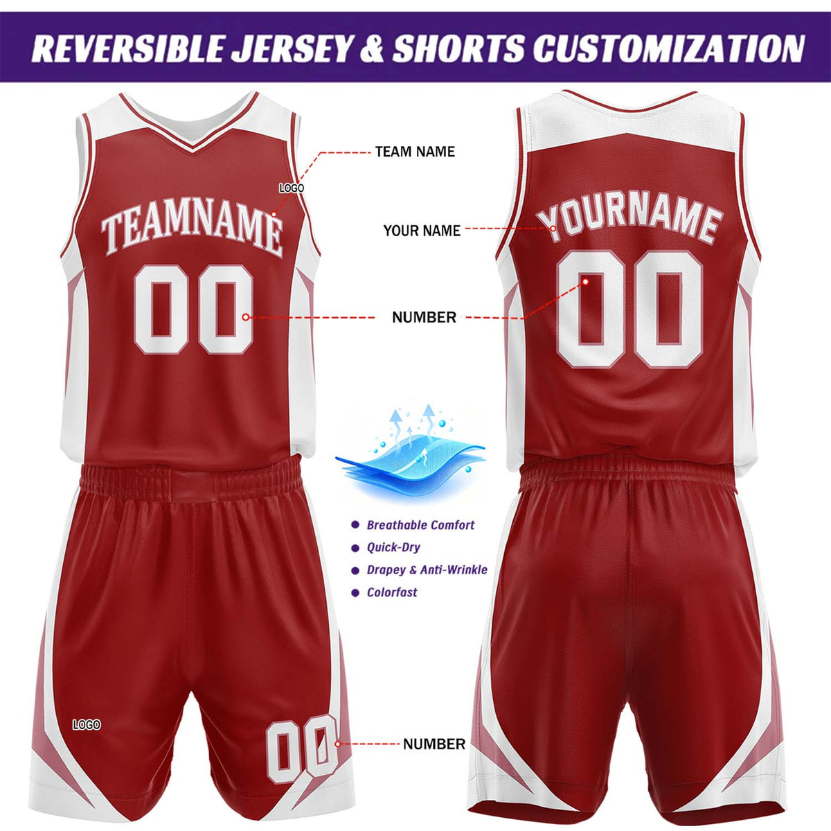 Custom Burgundy & White Reversible Basketball Jersey Short Set | Personalized Team Uniforms Set for Adult Youth