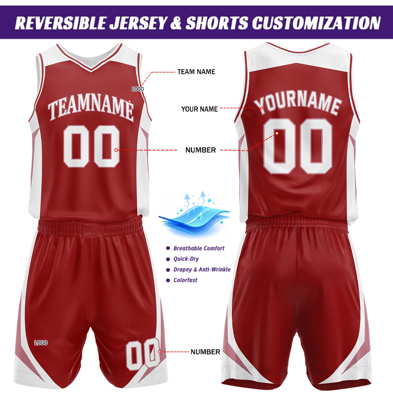 Custom Burgundy & White Reversible Basketball Jersey Short Set | Personalized Team Uniforms Set for Adult Youth