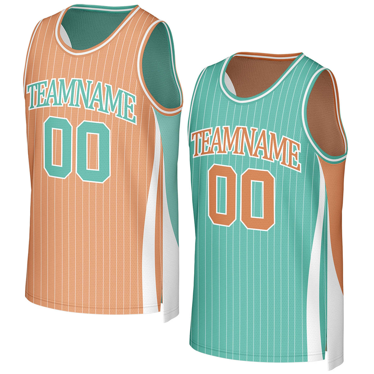 Custom coral & teal pinstripe reversible basketball jersey by Vosoli. Personalized with team name, number, and logo. Breathable mesh jersey for high school, college, AAU teams.
