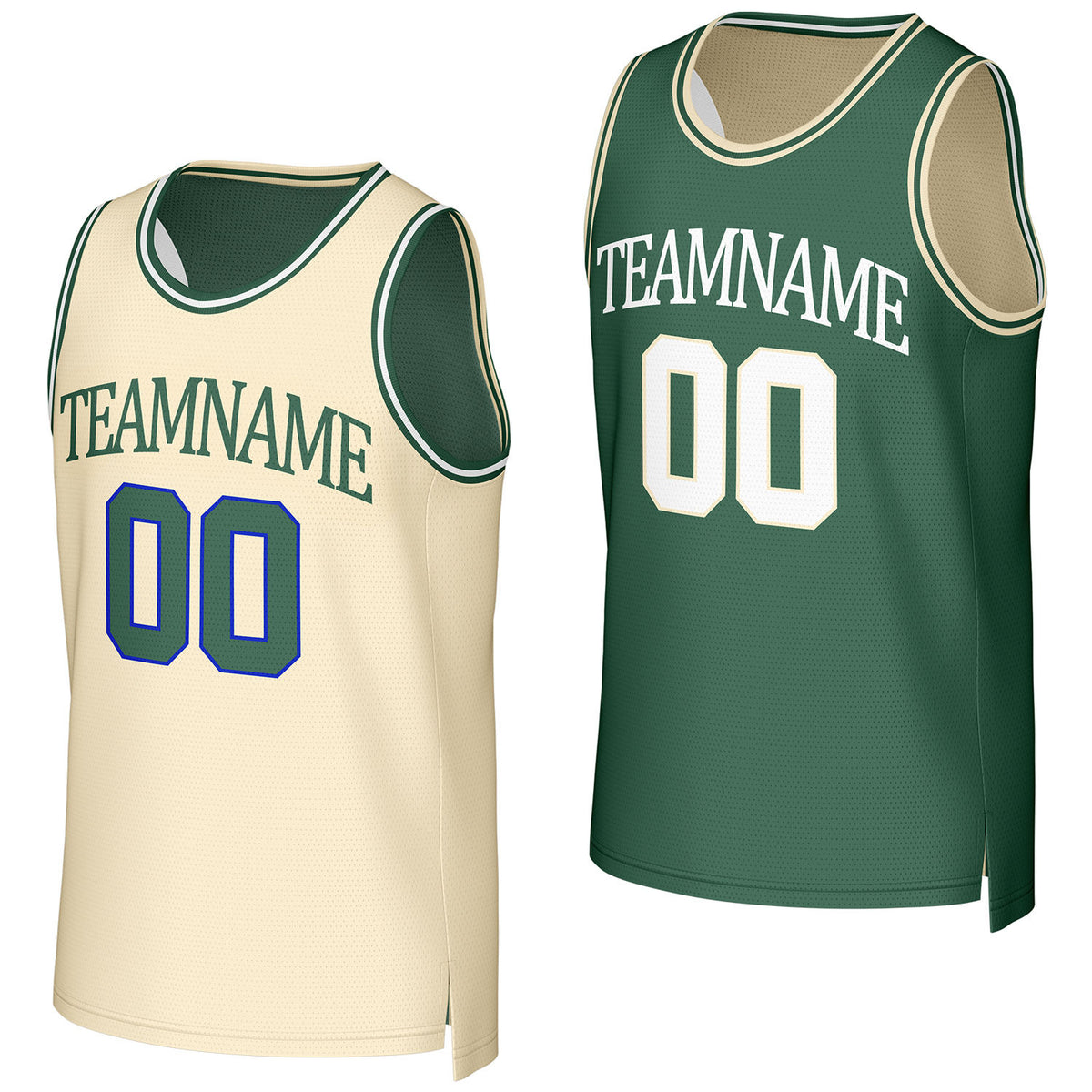Custom cream &amp; dark green reversible basketball jersey by Vosoli. Personalized with team name, number, and logo. Breathable mesh jersey for high school, college, AAU teams.