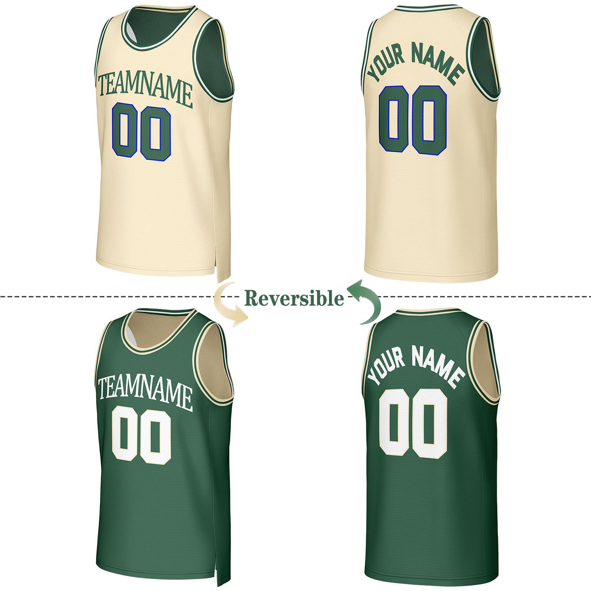 Custom Cream & Dark Green Reversible Basketball Jersey | Personalized Team Uniform Top
