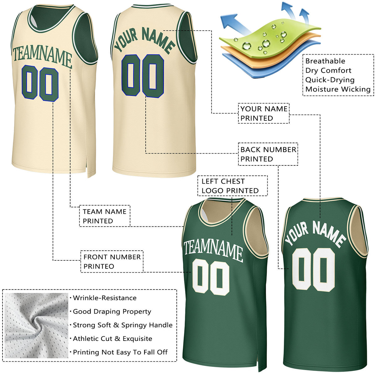 Custom Cream & Dark Green Reversible Basketball Jersey | Personalized Team Uniform Top