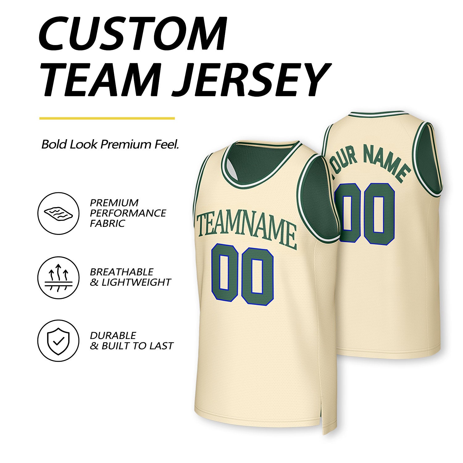 Custom Cream & Dark Green Reversible Basketball Jersey | Personalized Team Uniform Top