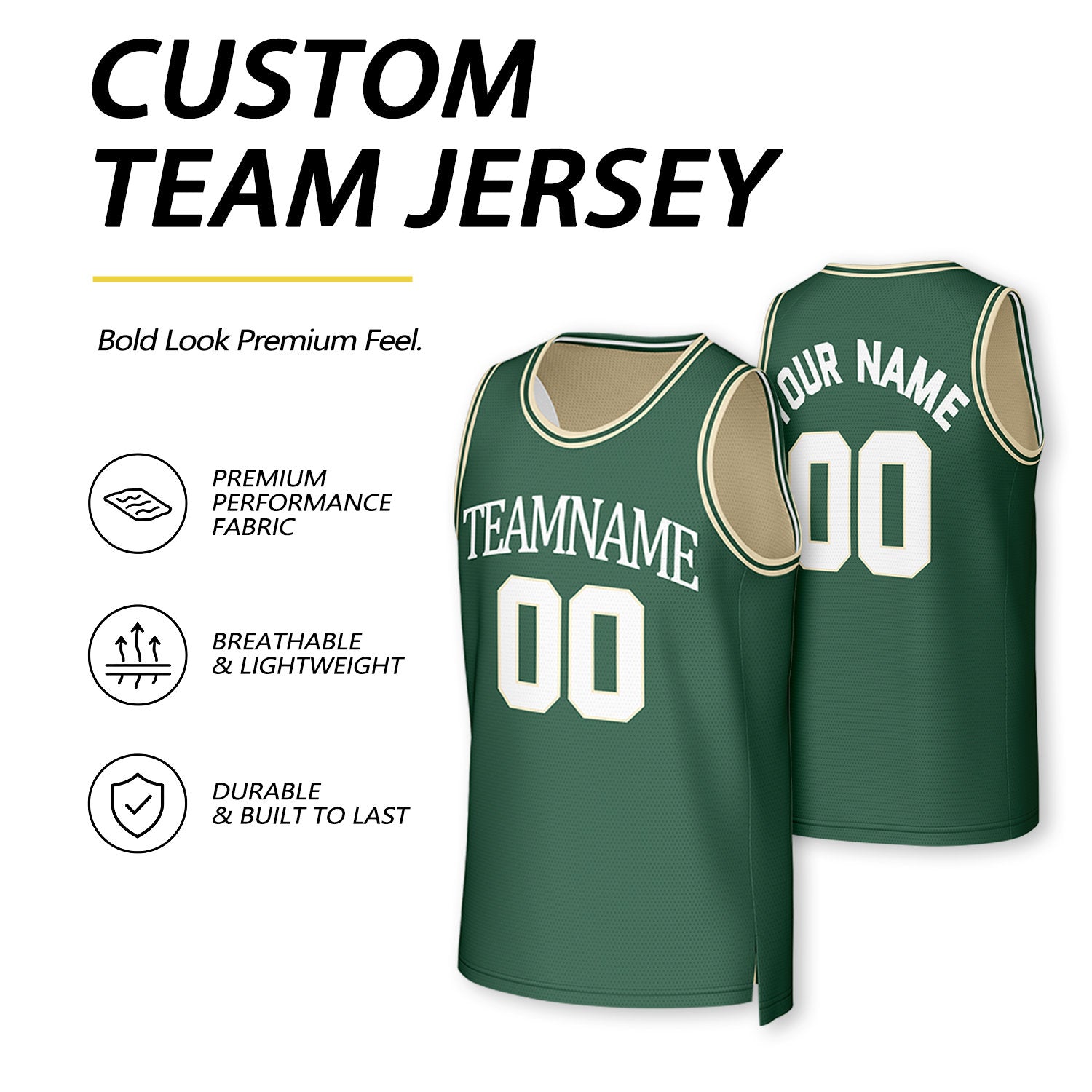 Custom Cream & Dark Green Reversible Basketball Jersey | Personalized Team Uniform Top