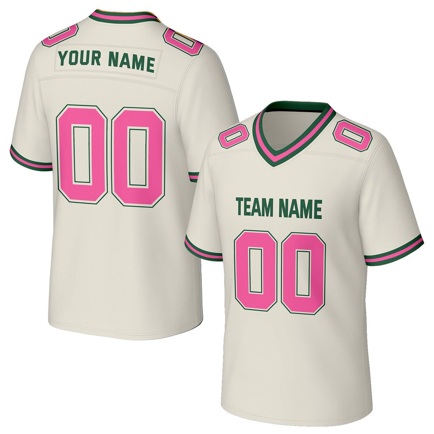 Custom cream & pink football jersey by Vosoli. Personalized with team name, number, and logo. Breathable mesh jersey for high school, college, football teams.