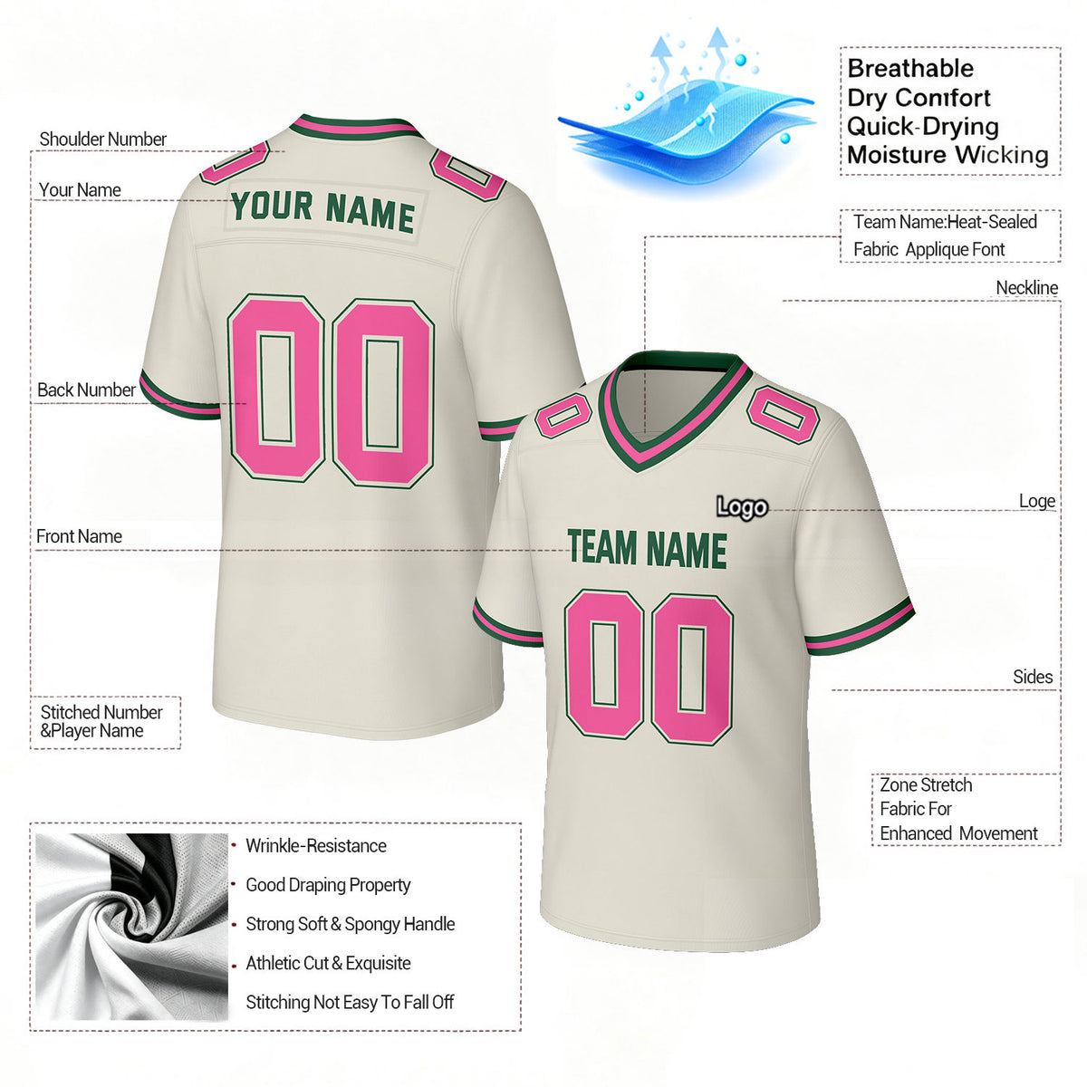 Custom Cream & Pink Football Jersey | Personalized Football Team Uniform Top