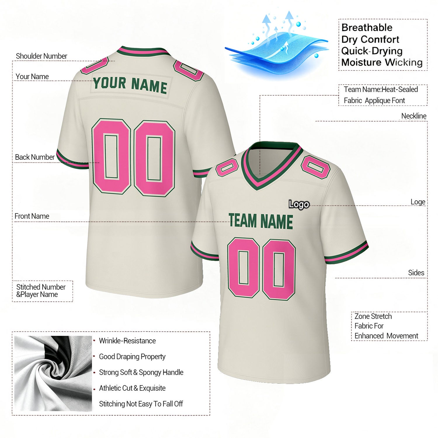 Custom Cream & Pink Football Jersey | Personalized Football Team Uniform Top