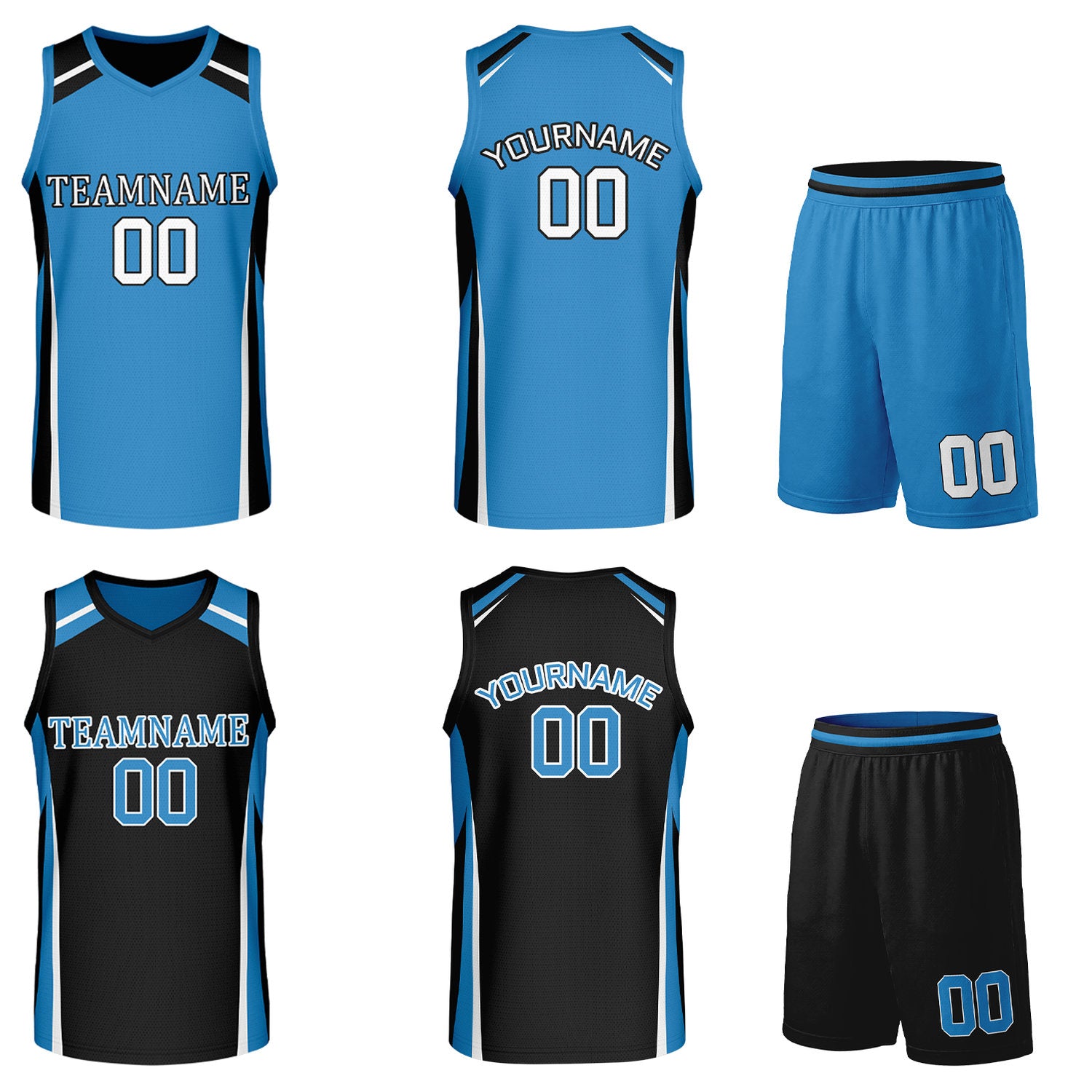 Custom cyan and black reversible basketball uniform by Vosoli. Personalized with team name, number, and logo. Breathable mesh jersey and shorts for high school, college, and AAU teams.