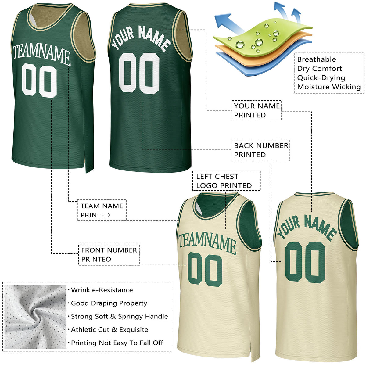 Custom Dark Green & Cream Reversible Basketball Jersey | Personalized Team Uniform Top