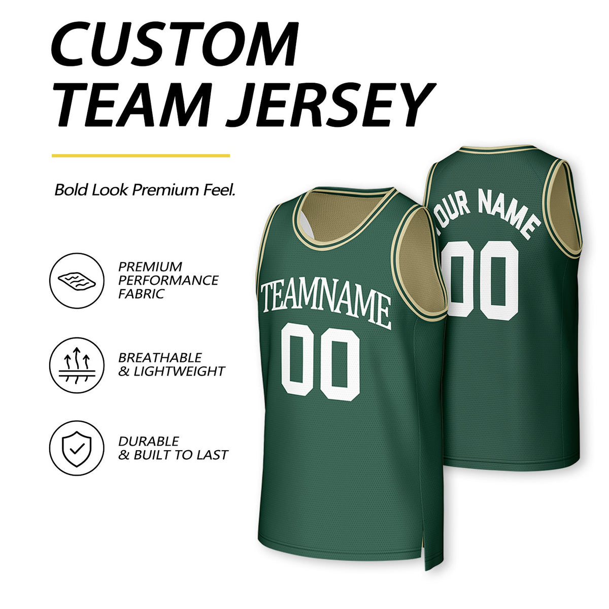 Custom Dark Green & Cream Reversible Basketball Jersey | Personalized Team Uniform Top