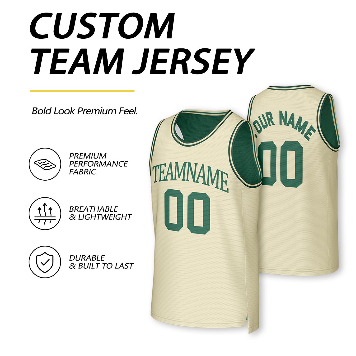 Custom Dark Green & Cream Reversible Basketball Jersey | Personalized Team Uniform Top