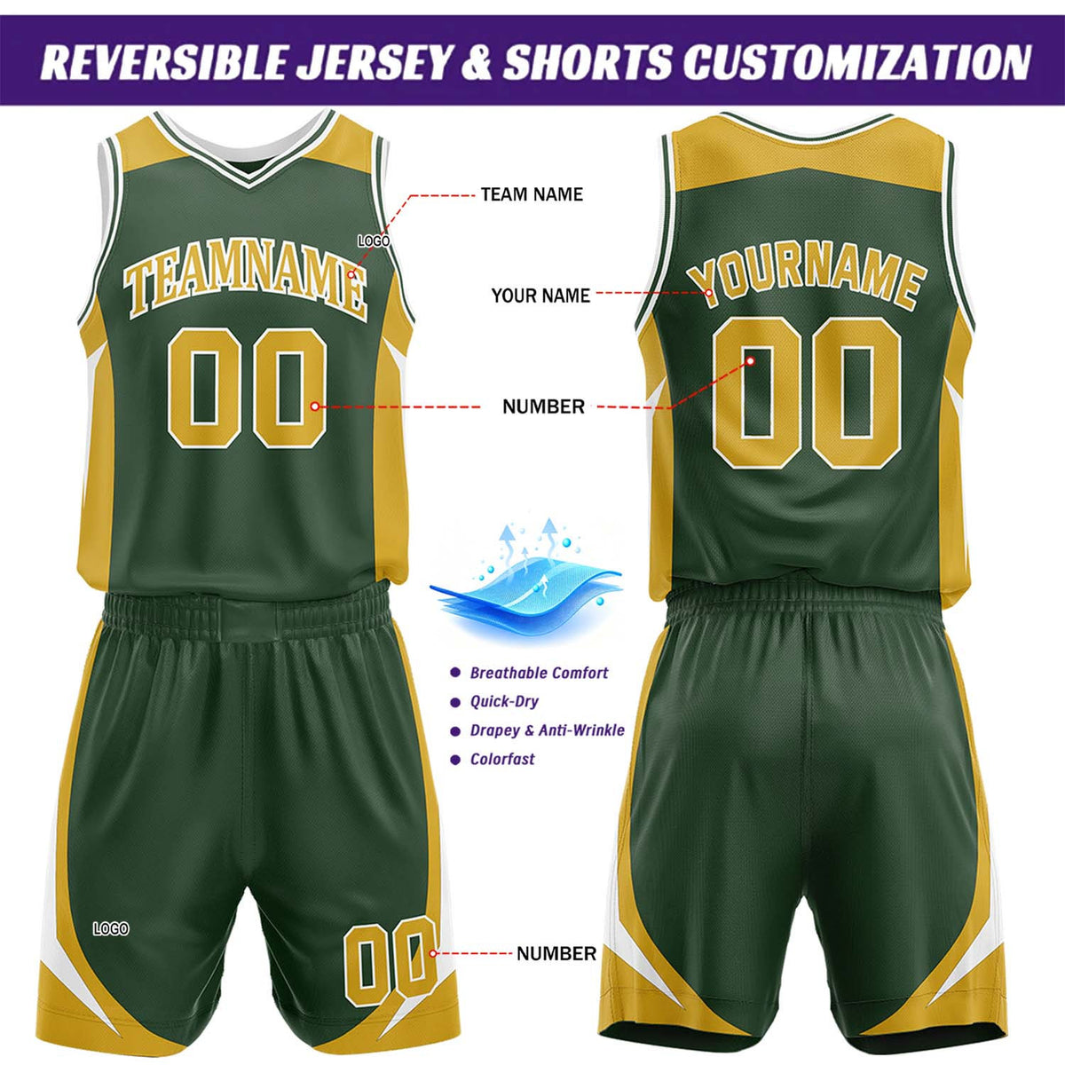 Custom Dark Green & Gold Reversible Basketball Jersey Short Set | Personalized Team Uniforms Set for Adult Youth