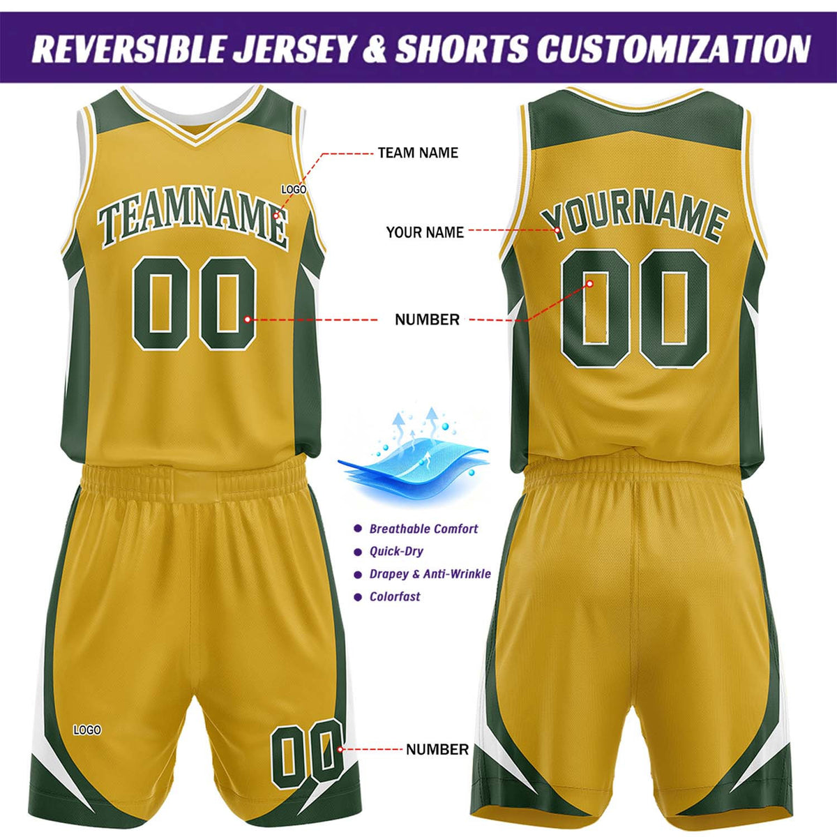 Custom Dark Green & Gold Reversible Basketball Jersey Short Set | Personalized Team Uniforms Set for Adult Youth