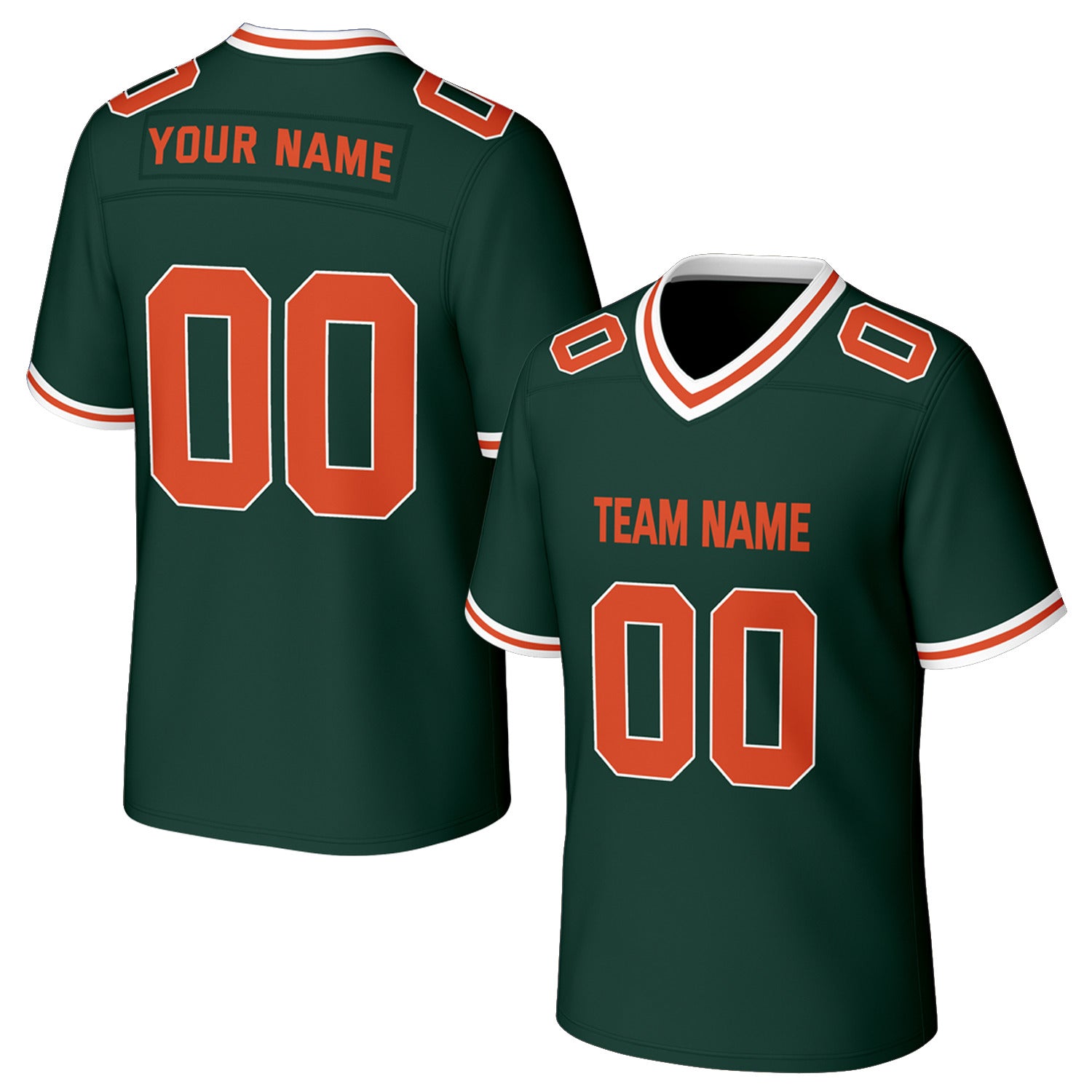 Custom dark green & orange football jersey by Vosoli. Personalized with team name, number, and logo. Breathable mesh jersey for high school, college, football teams.