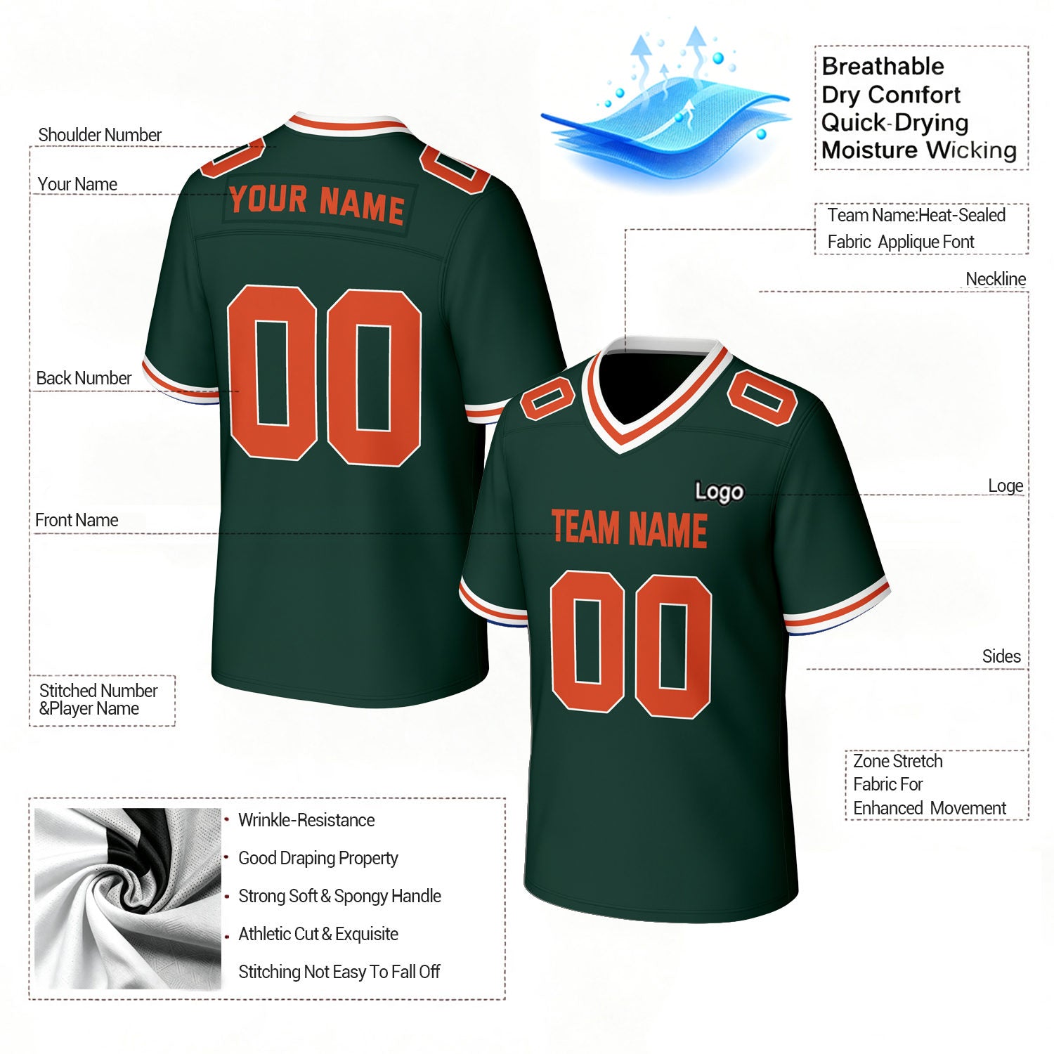 Custom Dark Green & Orange Football Jersey | Personalized Football Team Uniform Top