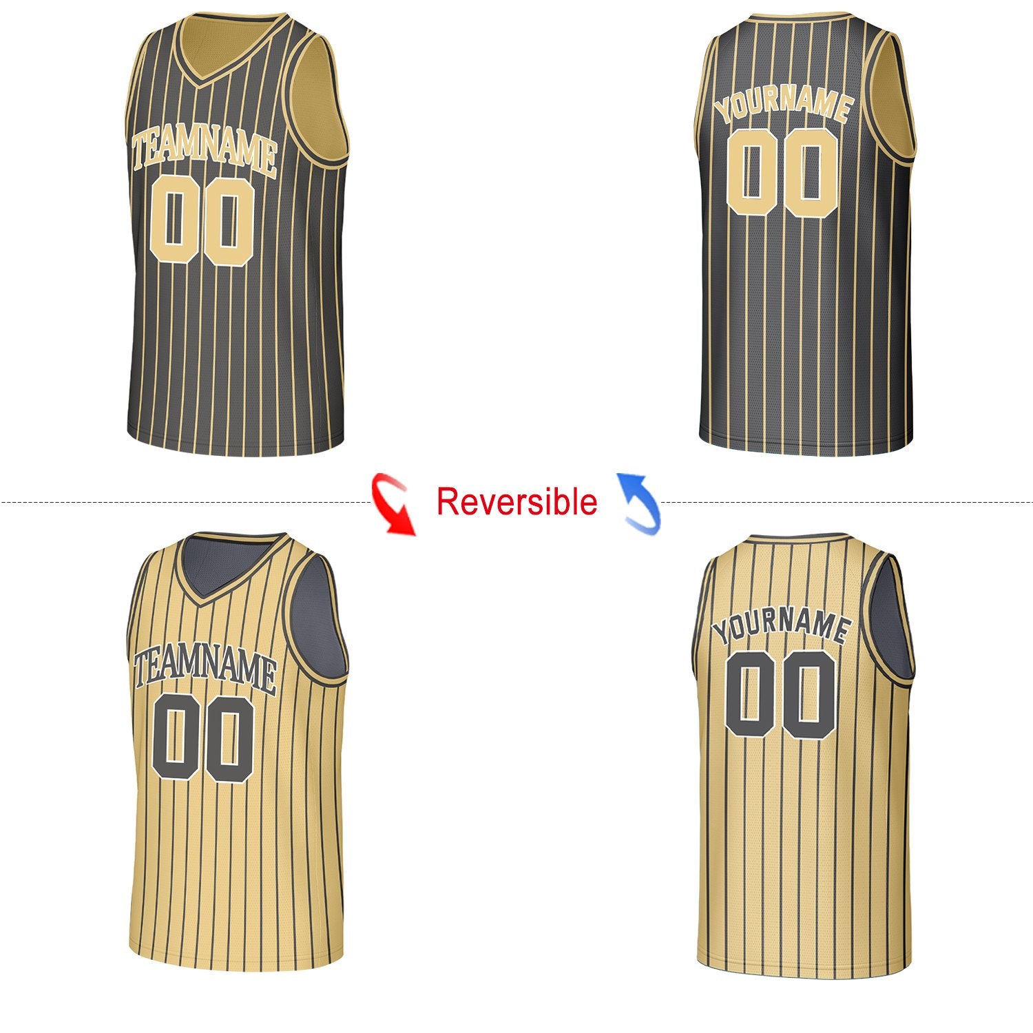 Custom Dark Grey & Gold Pinstripe Reversible Basketball Jersey | Personalized Name Number Mesh Sports Jersey