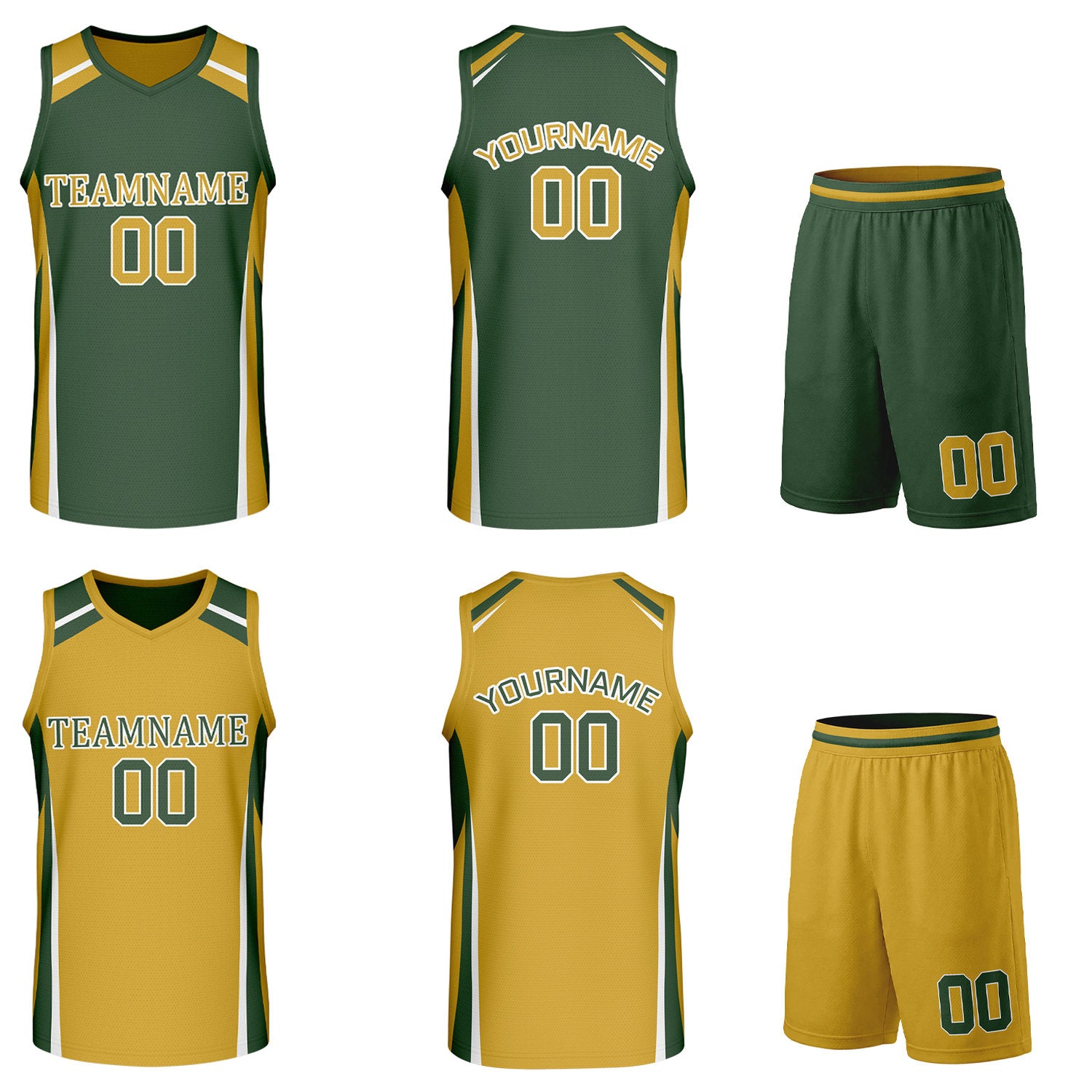 Custom dark green and gold reversible basketball uniform by Vosoli. Personalized with team name, number, and logo. Breathable mesh jersey and shorts for high school, college, and AAU teams.