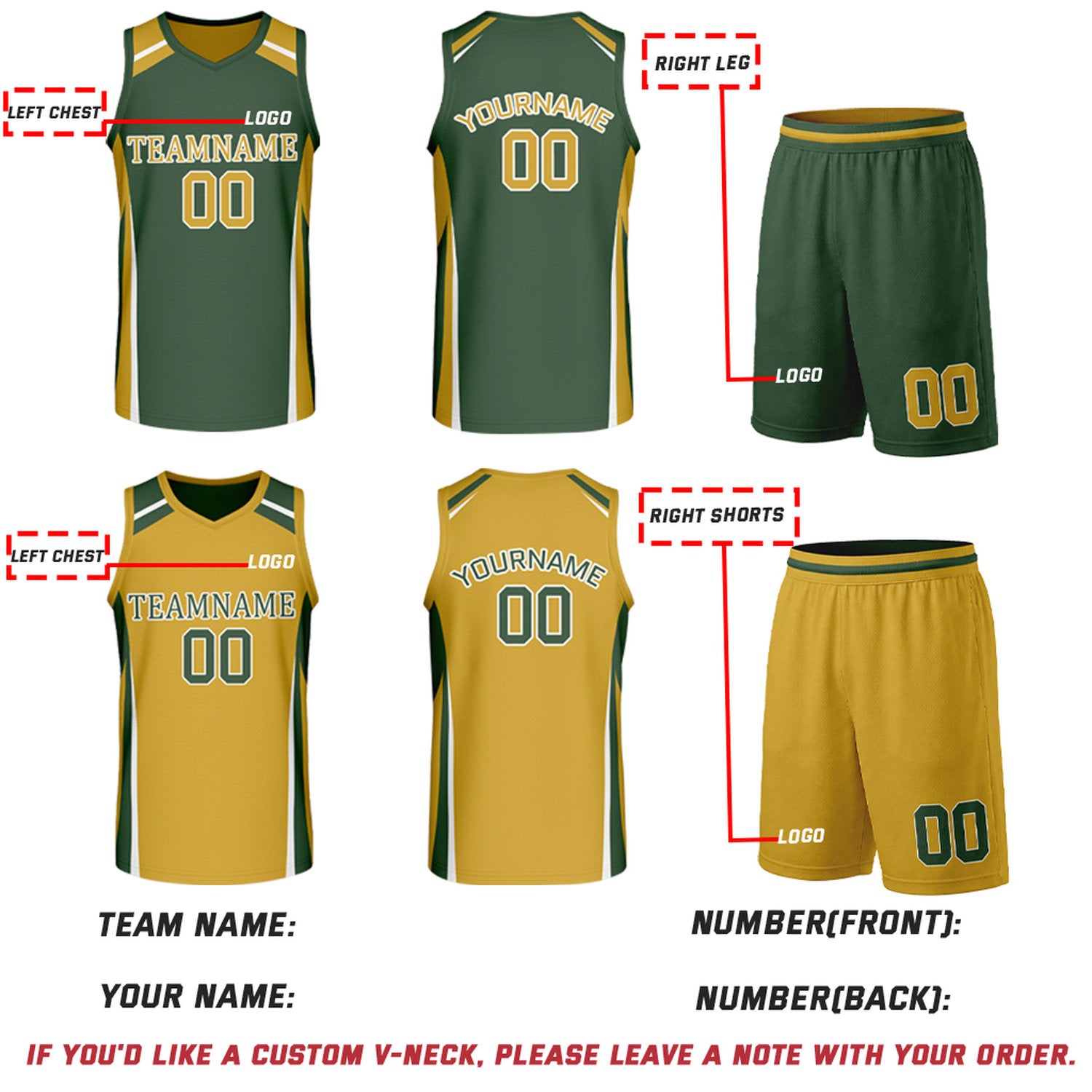 Custom Dark Green & Gold Reversible Basketball Jerseys | Personalized Team Uniforms Set for Men Women