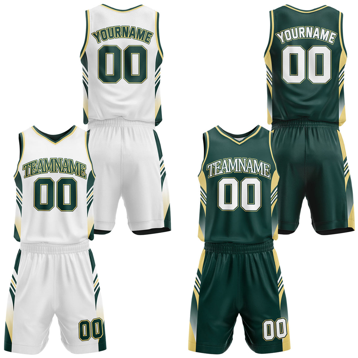 Custom dark green and white reversible basketball uniform by Vosoli. Personalized with team name, number, and logo. Breathable mesh jersey and shorts for high school, college, AAU teams.