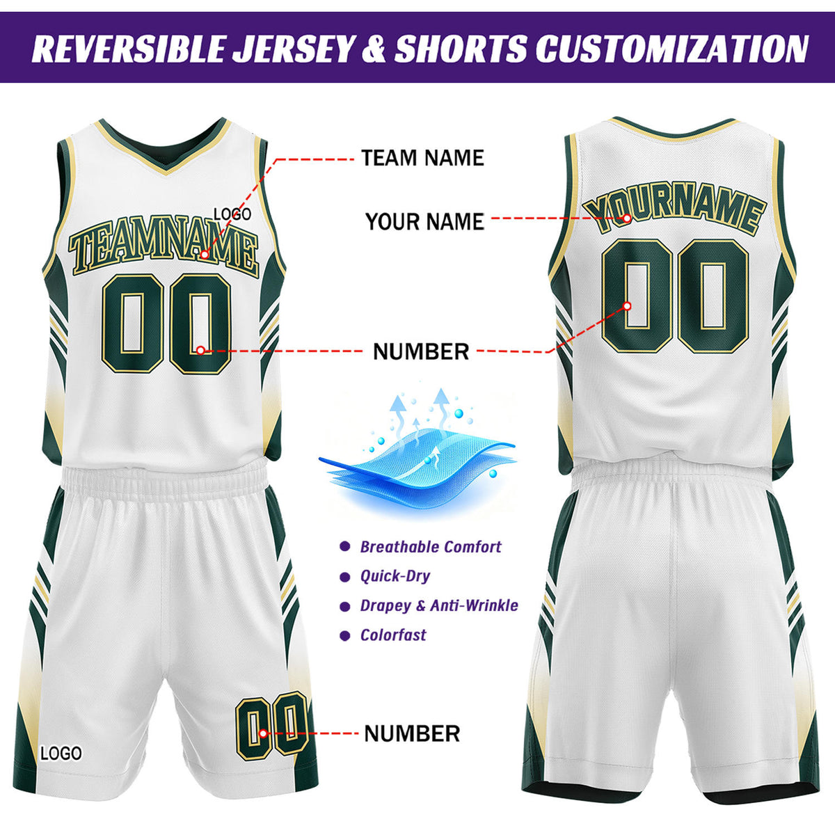 Custom Dark Green & White Reversible Basketball Uniform Set | Personalized Team Jersey Kit