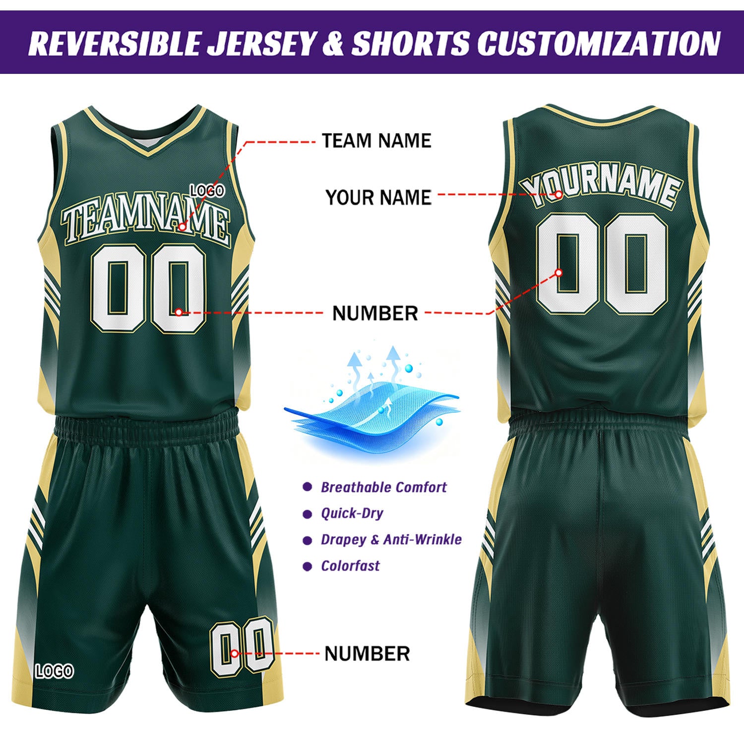 Custom Dark Green & White Reversible Basketball Uniform Set | Personalized Team Jersey Kit