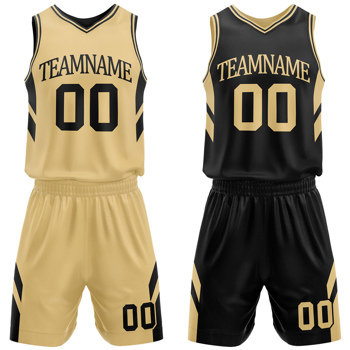 Custom gold and black reversible basketball uniform by Vosoli. Personalized with team name, number, and logo. Breathable mesh jersey and shorts for high school, college, and AAU teams.