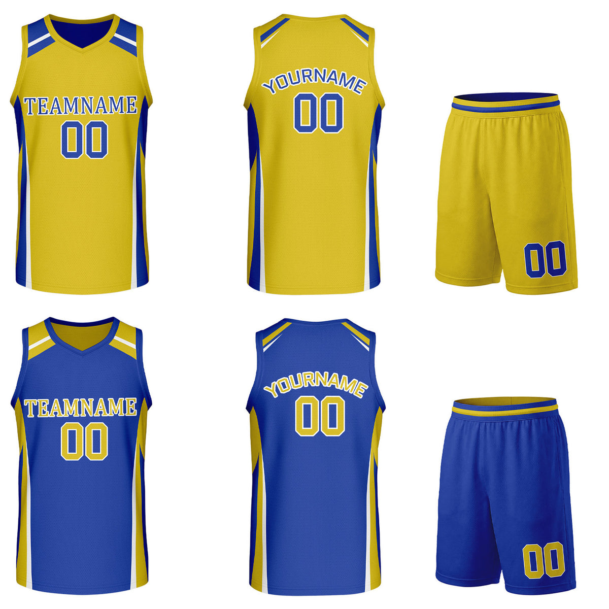Custom gold and royal blue reversible basketball uniform by Vosoli. Personalized with team name, number, and logo. Breathable mesh jersey and shorts for high school, college, and AAU teams.
