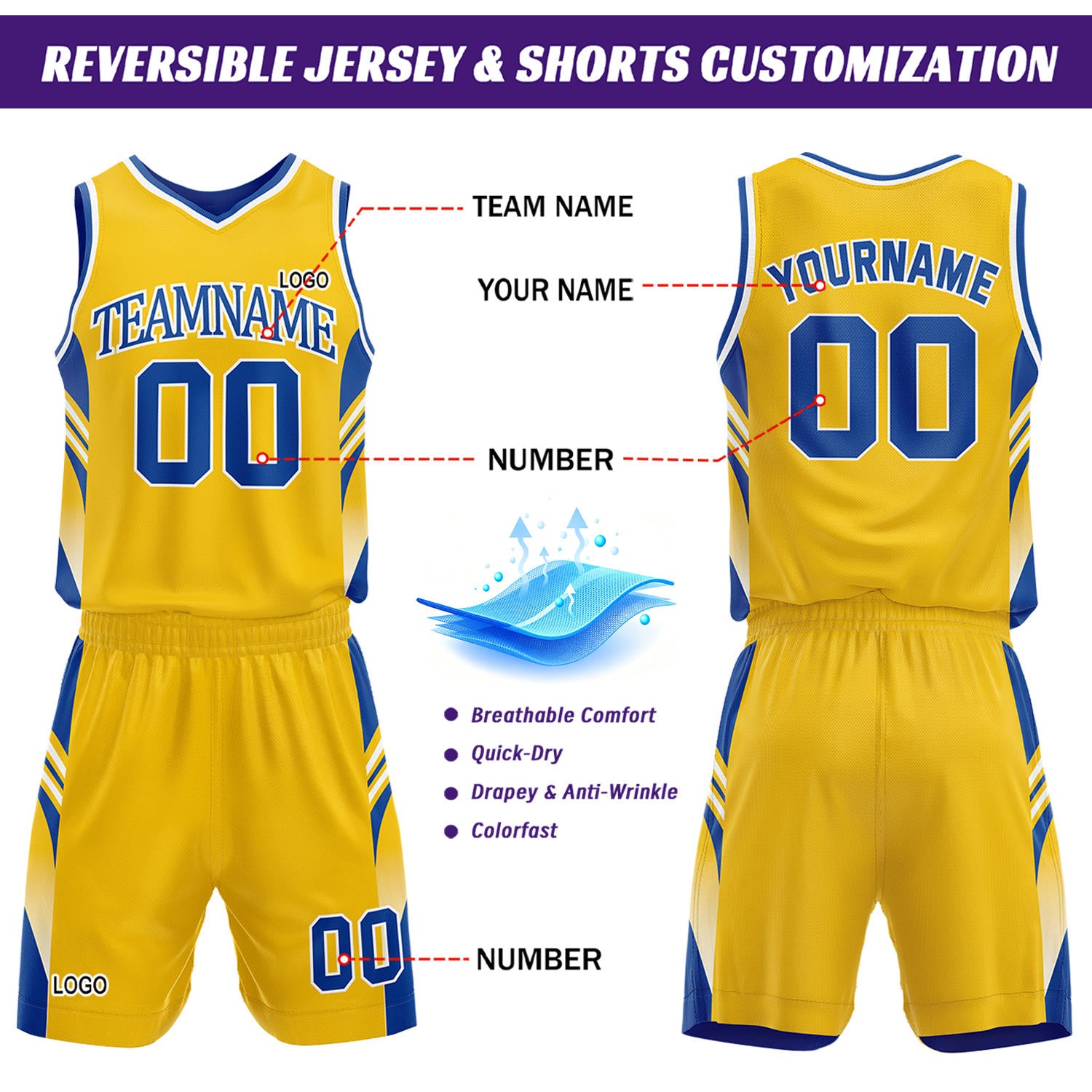 Custom Gold & Royal Blue Reversible Basketball Uniform Set | Personalized Team Jersey Kit