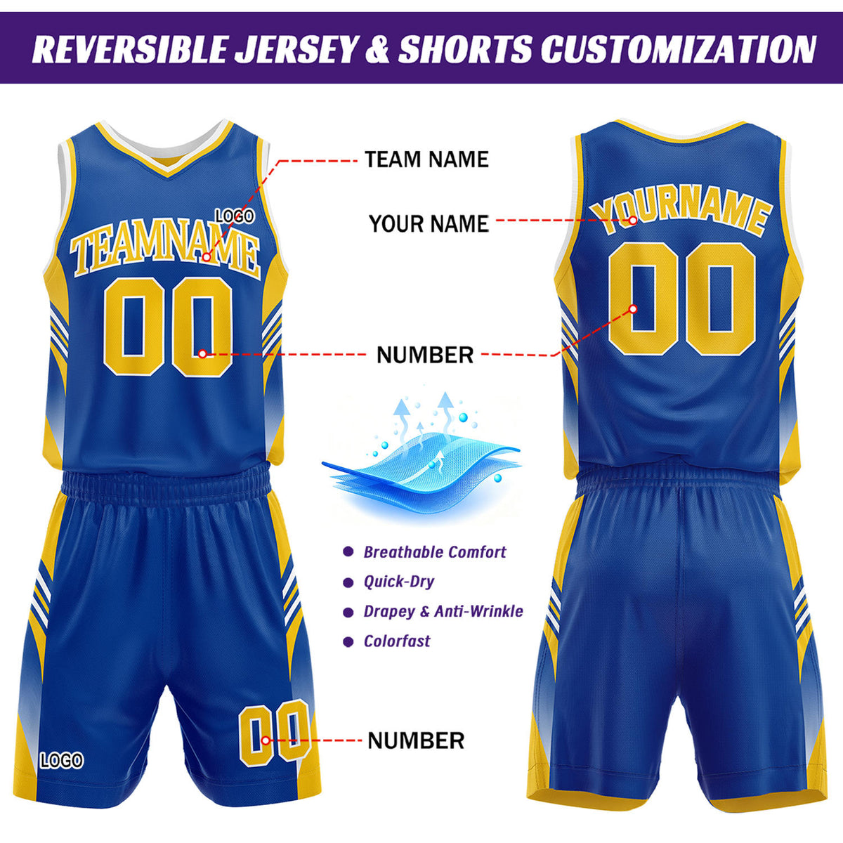 Custom Gold & Royal Blue Reversible Basketball Uniform Set | Personalized Team Jersey Kit