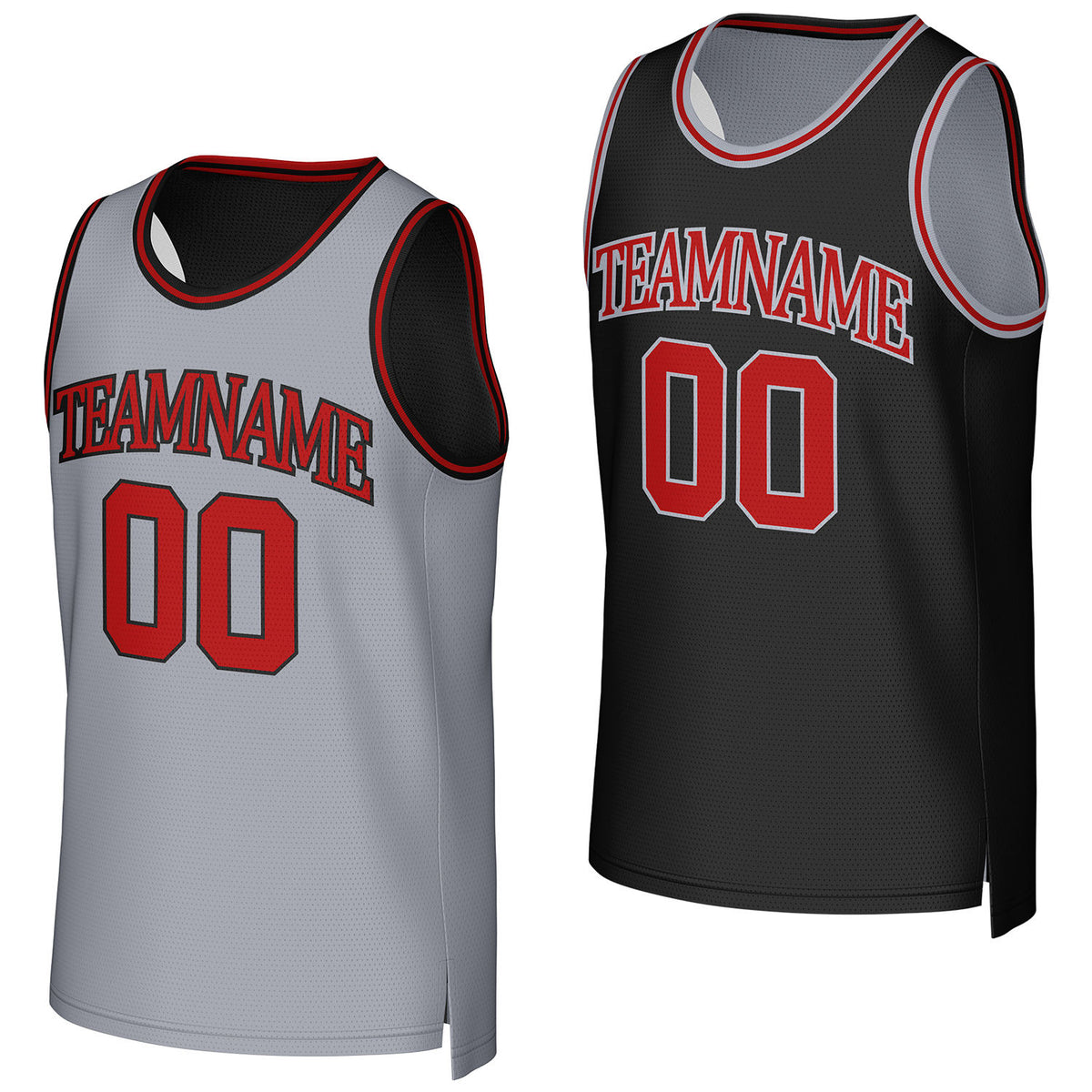 Custom gray &amp; black reversible basketball jersey by Vosoli. Personalized with team name, number, and logo. Breathable mesh jersey for high school, college, AAU teams.