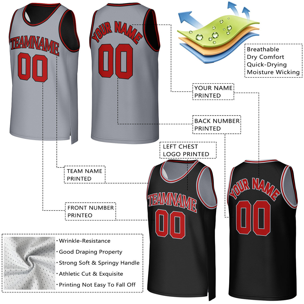 Custom Gray & Black Reversible Basketball Jersey | Personalized Team Uniform Top