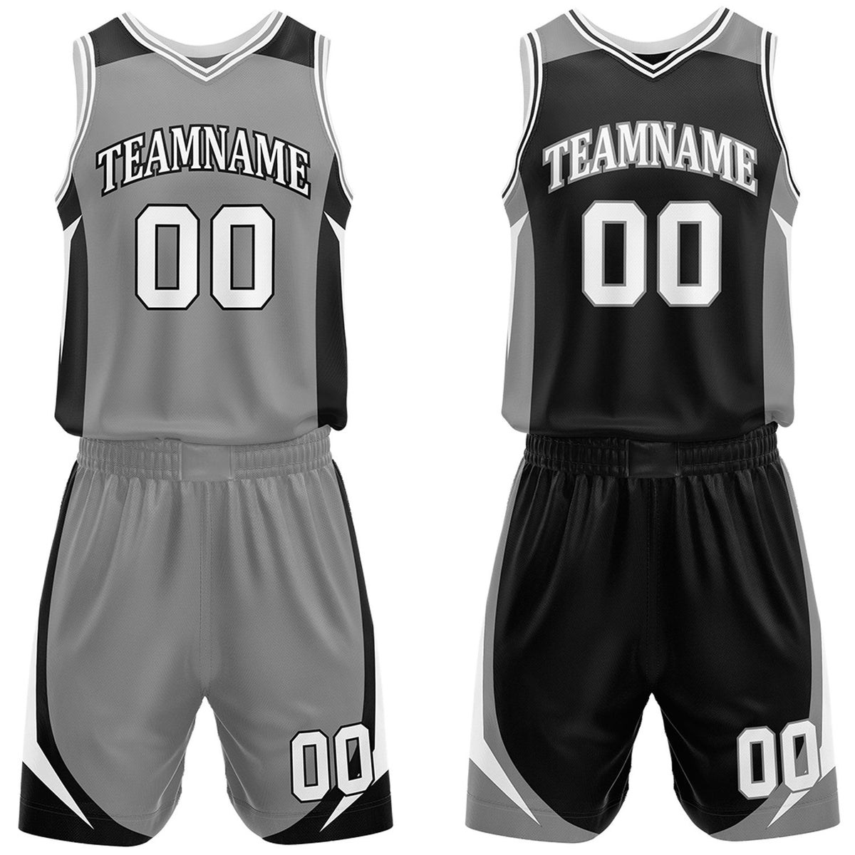 Custom gray and black reversible basketball uniform by Vosoli. Personalized with team name, number, and logo. Breathable mesh jersey and shorts for high school, college, and AAU teams.