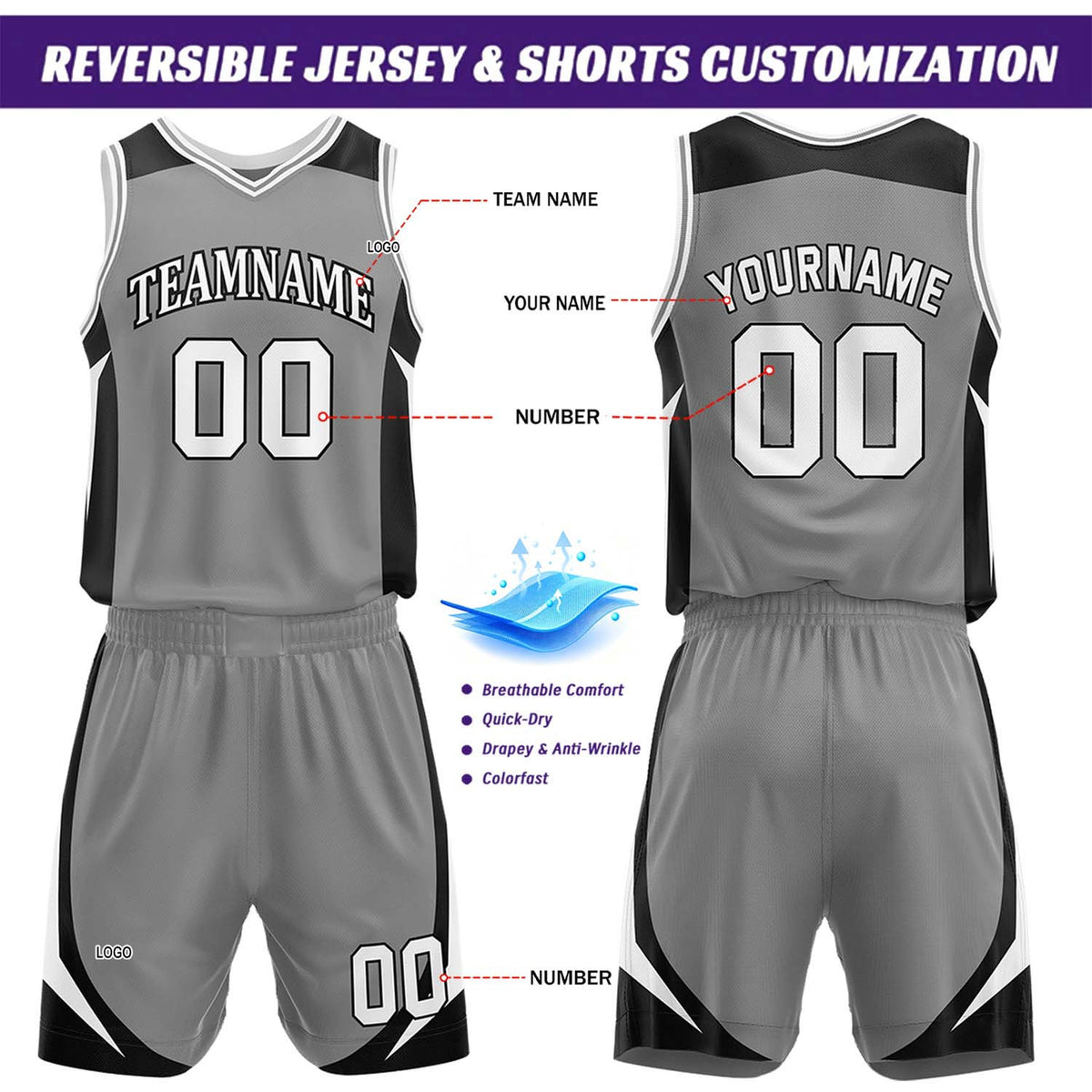 Custom Gray & Black Reversible Basketball Jersey Short Set | Personalized Team Uniforms Set for Adult Youth