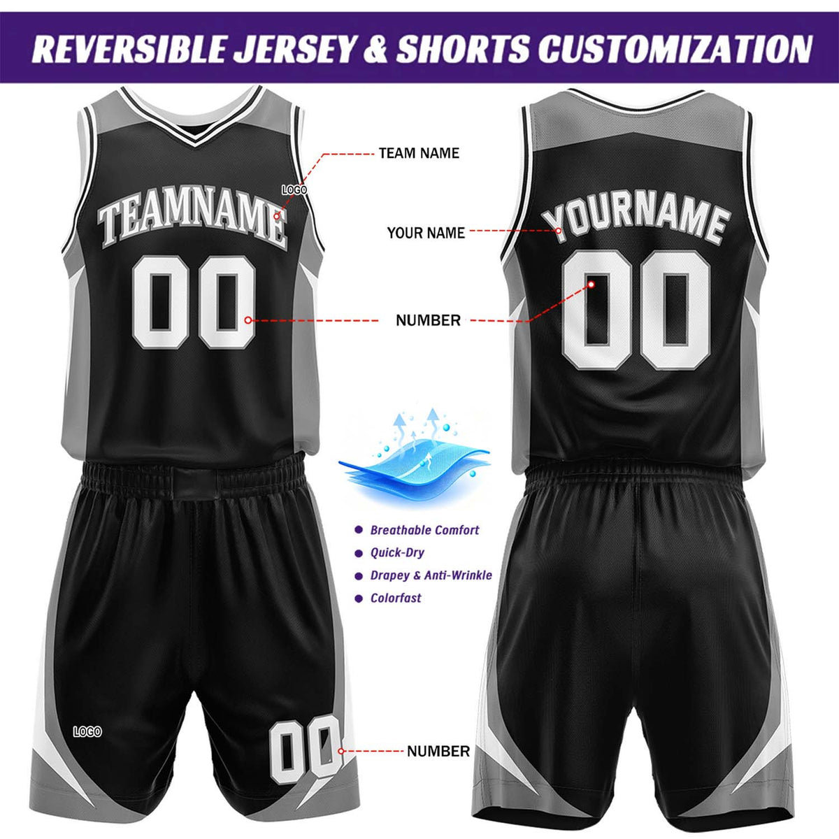 Custom Gray & Black Reversible Basketball Jersey Short Set | Personalized Team Uniforms Set for Adult Youth