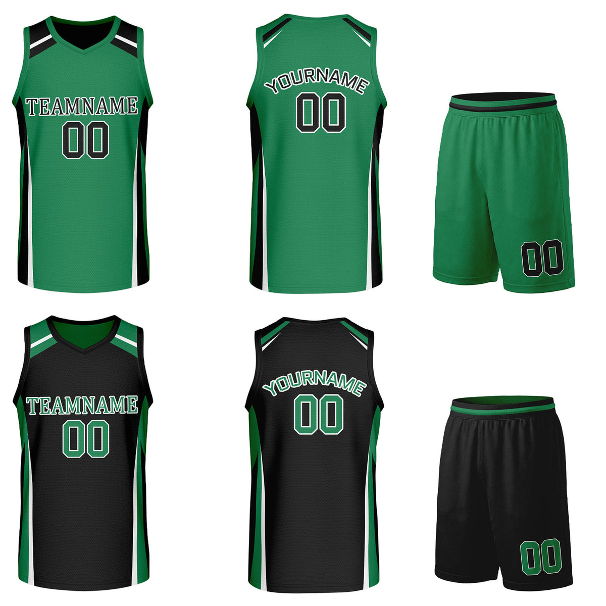 Custom green and black reversible basketball uniform by Vosoli. Personalized with team name, number, and logo. Breathable mesh jersey and shorts for high school, college, and AAU teams.