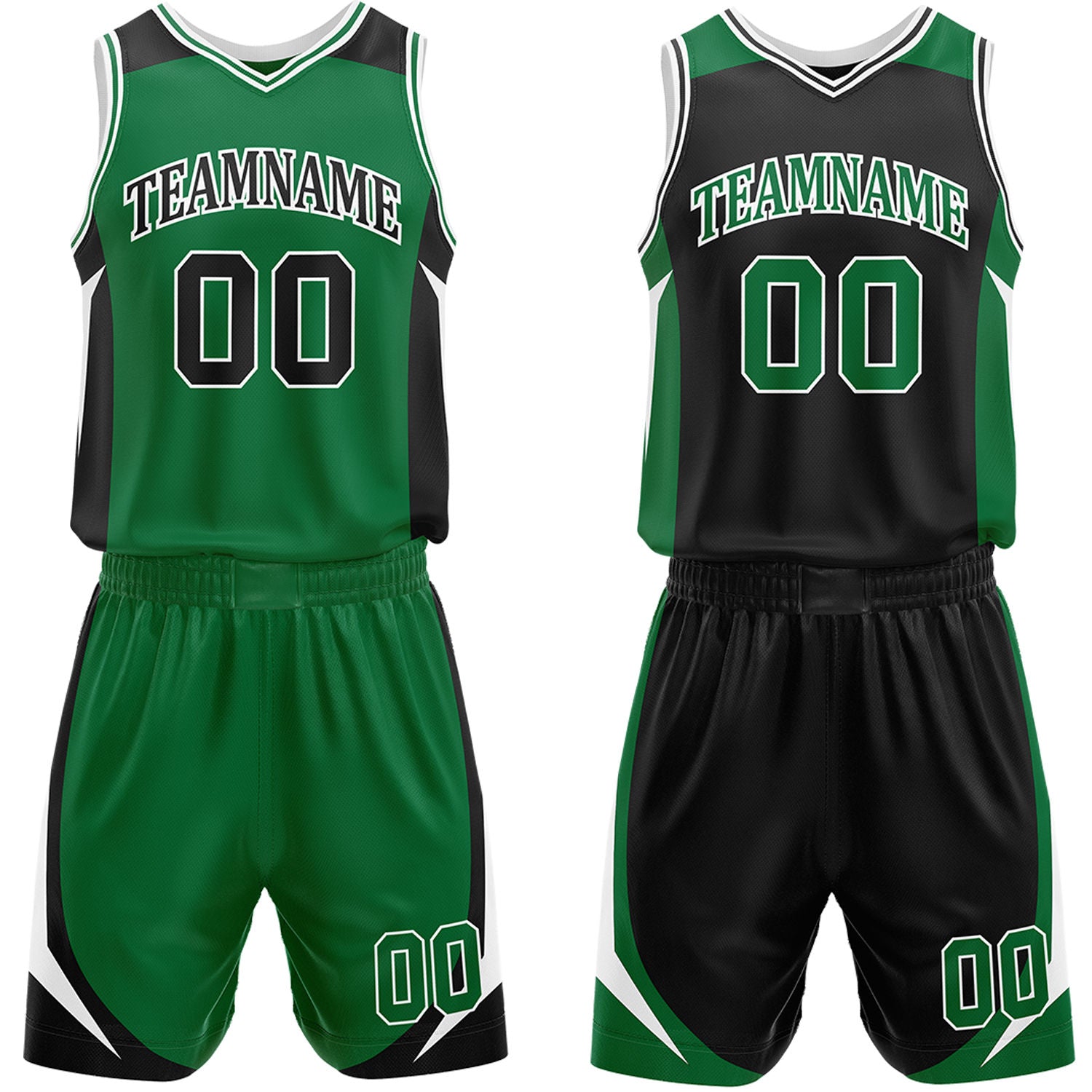 Custom green and black reversible basketball uniform by Vosoli. Personalized with team name, number, and logo. Breathable mesh jersey and shorts for high school, college, and AAU teams.