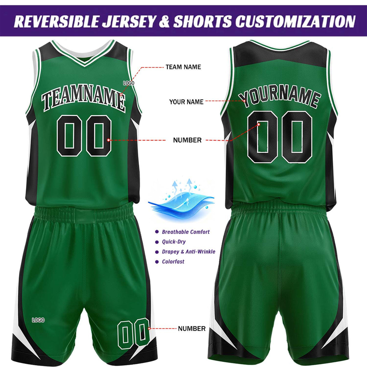 Custom Green & Black Reversible Basketball Jersey Short Set | Personalized Team Uniforms Set for Adult Youth