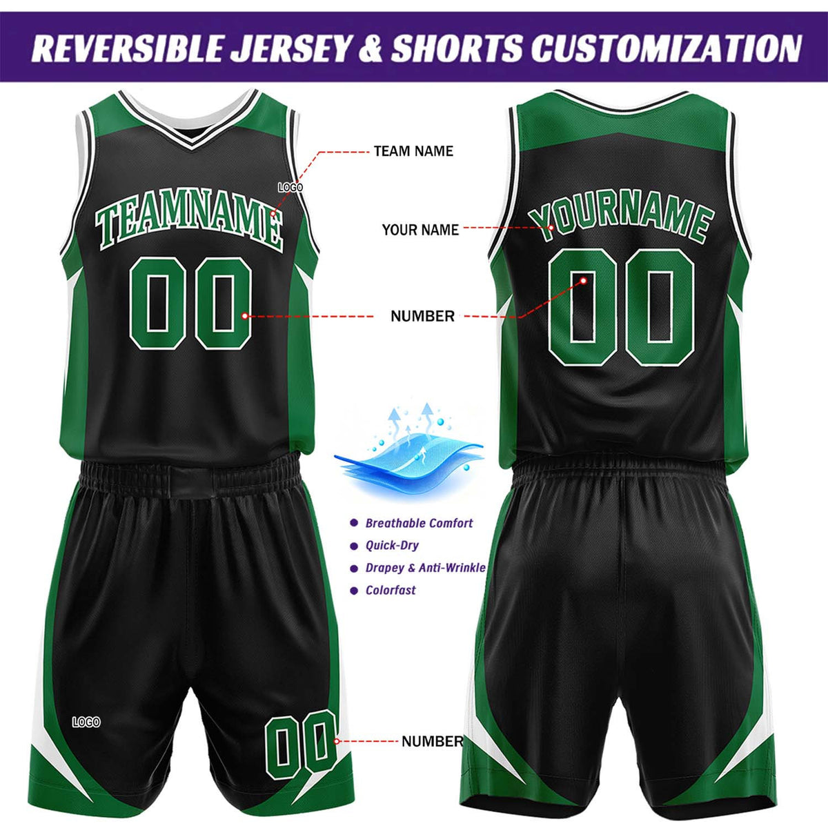 Custom Green & Black Reversible Basketball Jersey Short Set | Personalized Team Uniforms Set for Adult Youth