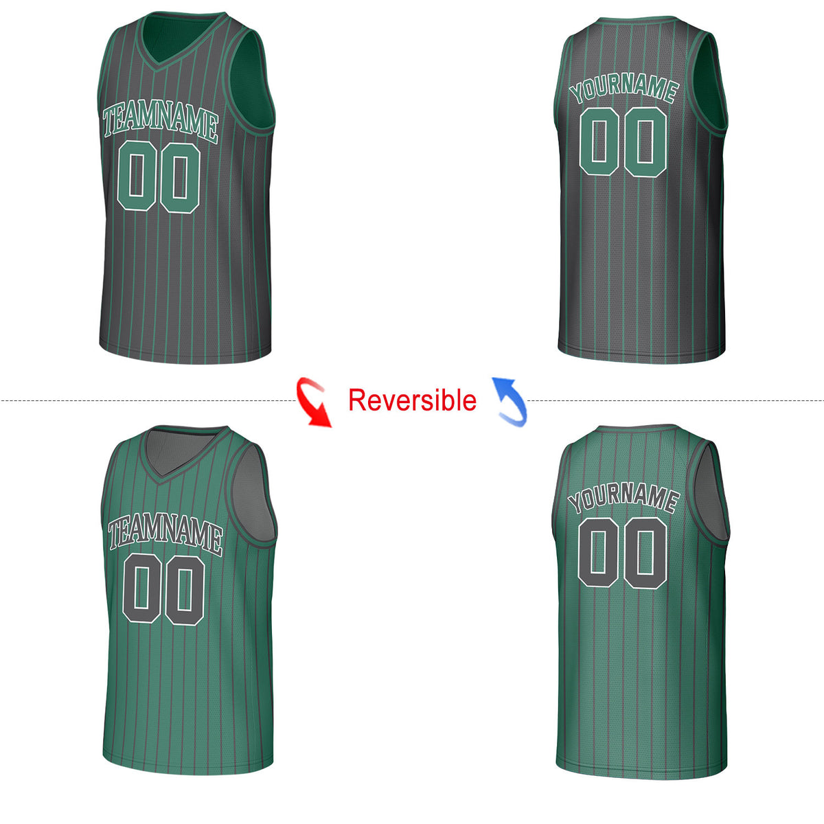 Custom Green & Dark Grey Pinstripe Reversible Basketball Jersey | Personalized Name Number Mesh Sports Jersey