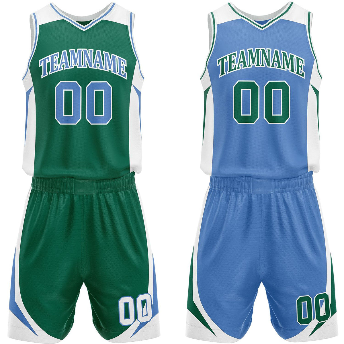 Custom green and light blue reversible basketball uniform by Vosoli. Personalized with team name, number, and logo. Breathable mesh jersey and shorts for high school, college, and AAU teams.